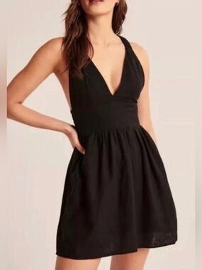Abercrombie & Fitch Black Deep V-Neck Halter Mini Dress S
